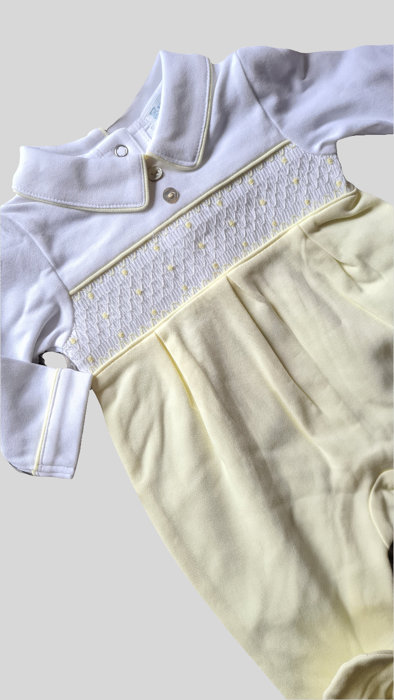 Baby Boys Yellow & White Smocked All In One Baby Grow