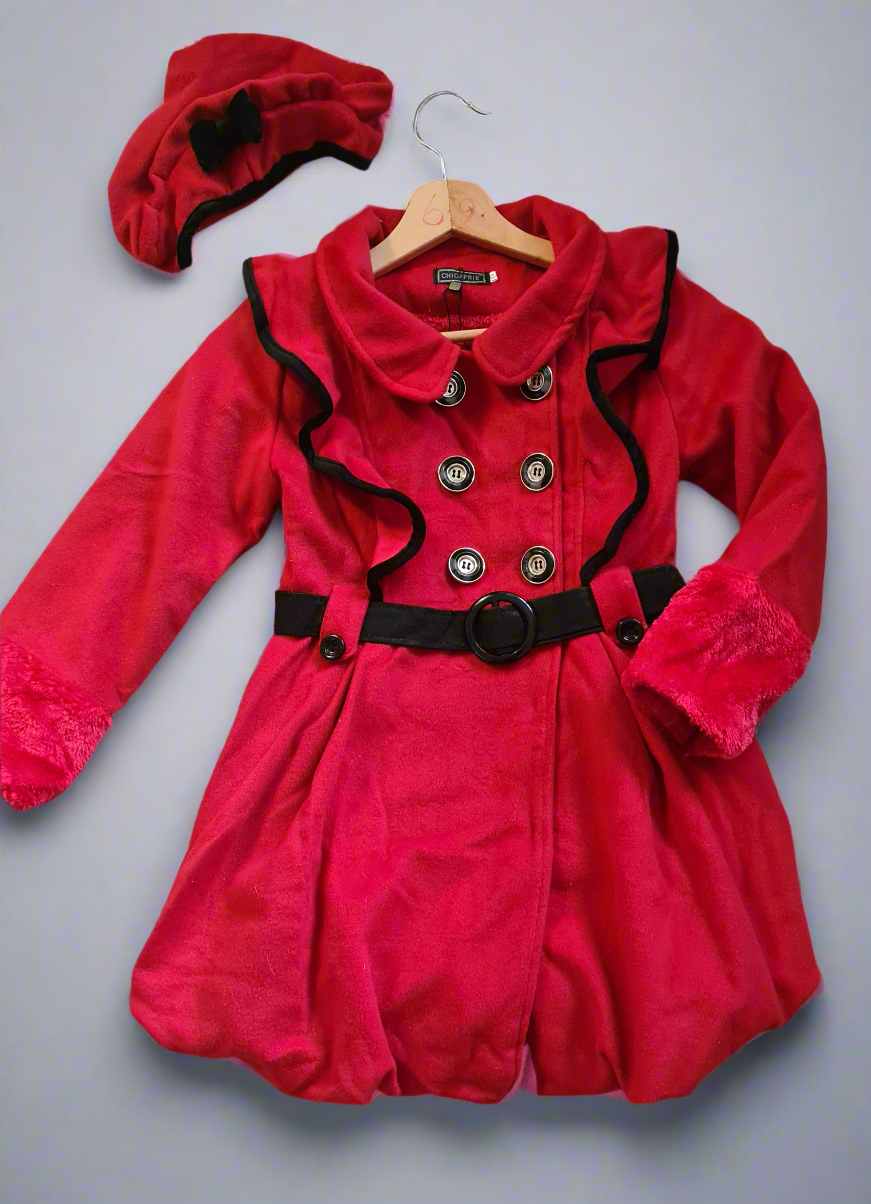 Girls Red Faux Fur Cuff Coat