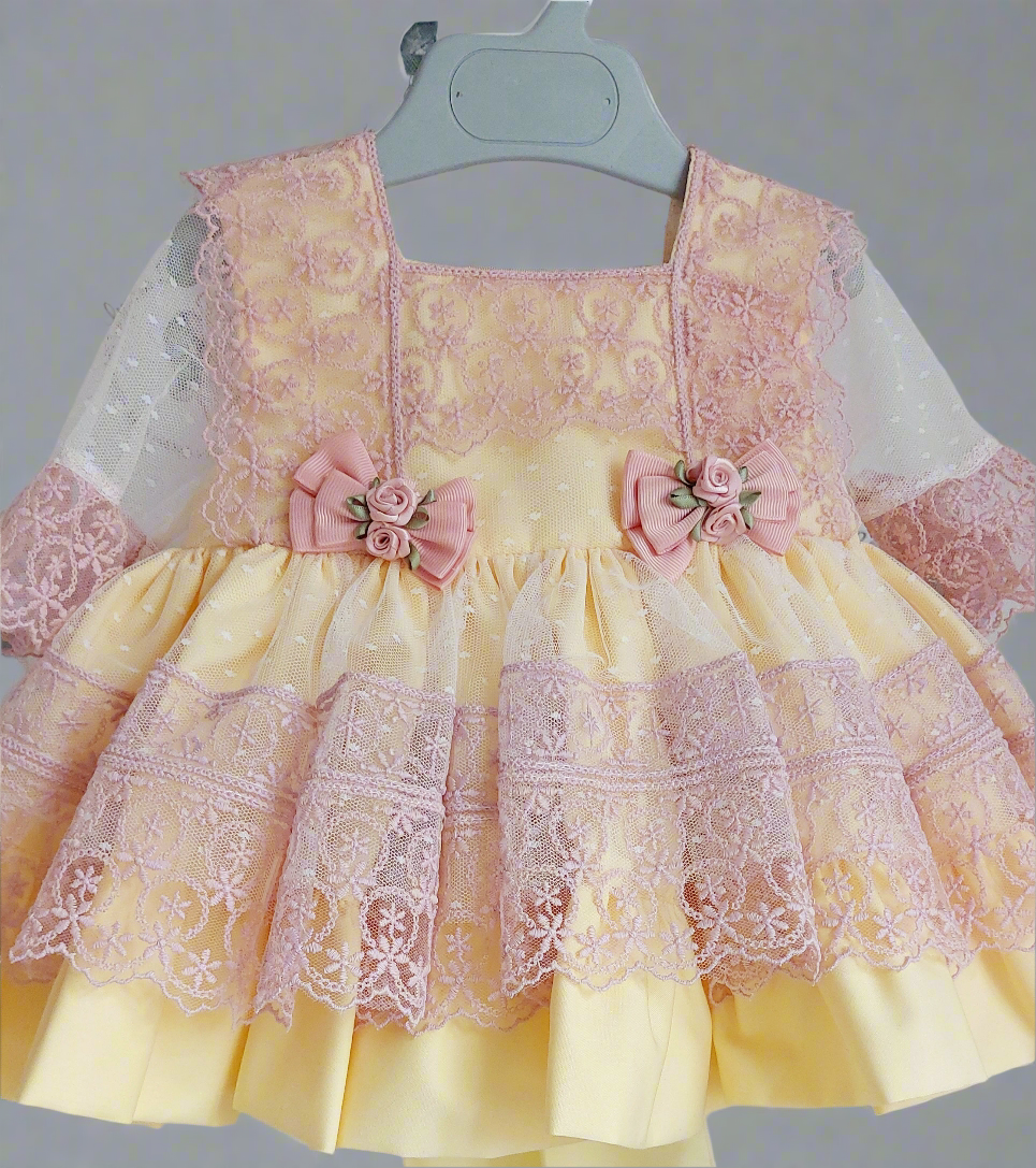 Yellow & Pink Lace Overlay Puffball Dress - (Made To Order)