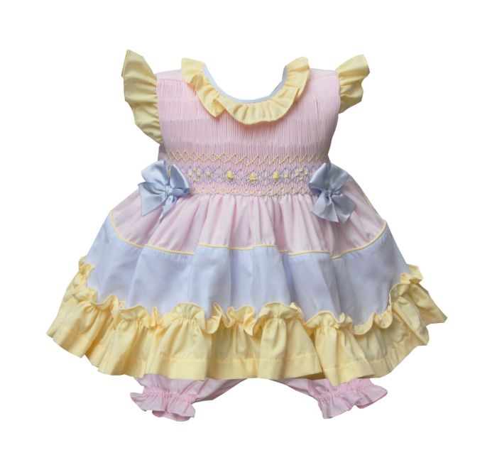 4YEARS - Pastel Multicoloured, Hand Smocked Dress, Bloomers & Headband