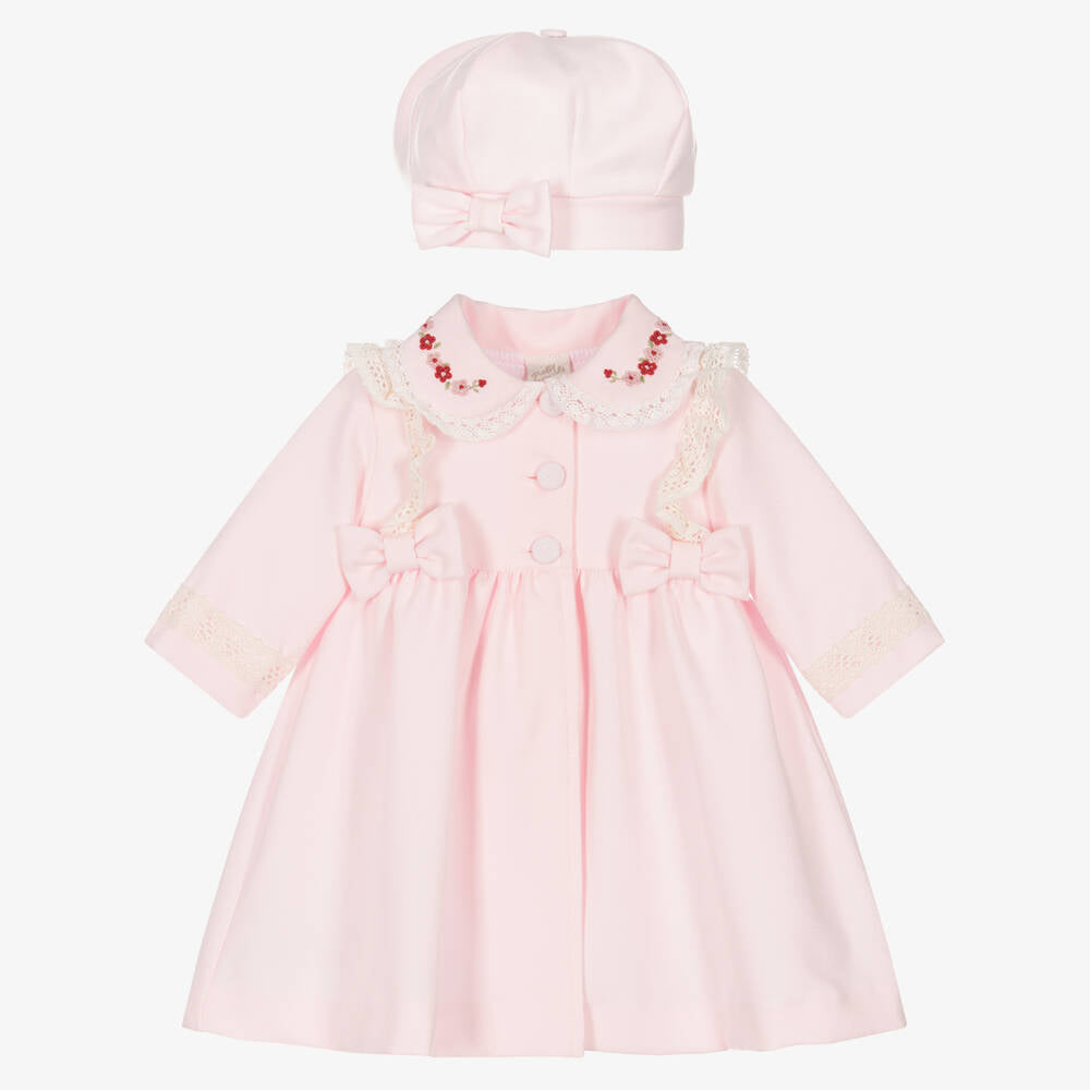 Girls Pink Embroidered Coat & Hat Set