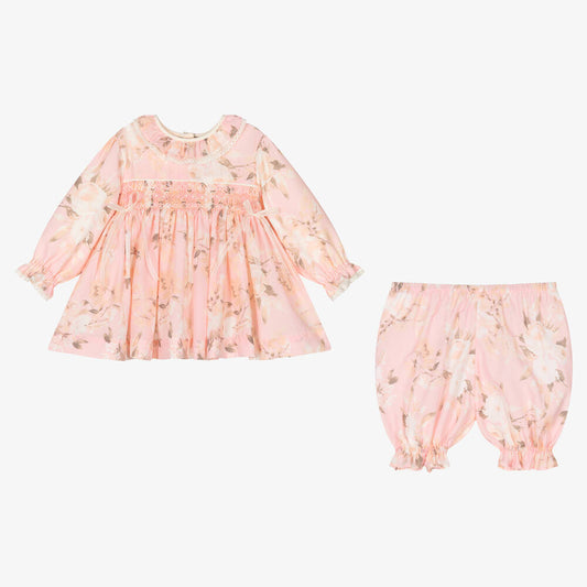 Pink Cream Flower Smocked Dress Set