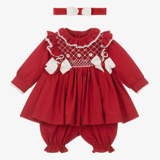 Girls Red Smocked Dress Set