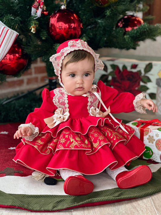 Babygirls Traditional Red Christmas Dress & Bonnet (Made to order)