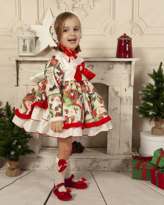 Sonata Christmas Puffball Dress, clip & bonnet (Ready To Send 3years)