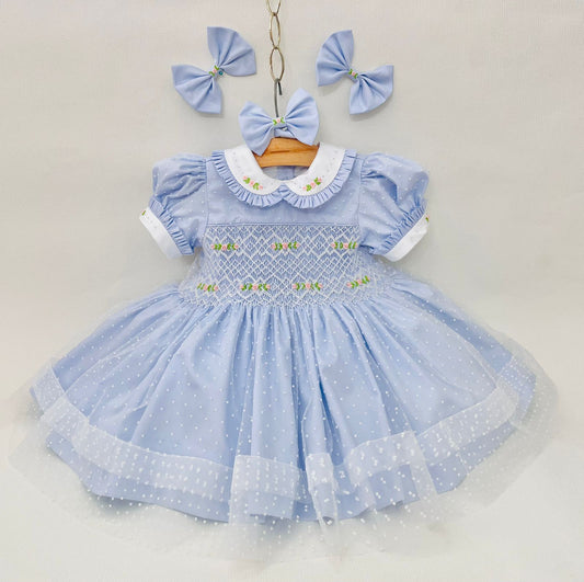 Girls Smocked Blue Plumeti Dress