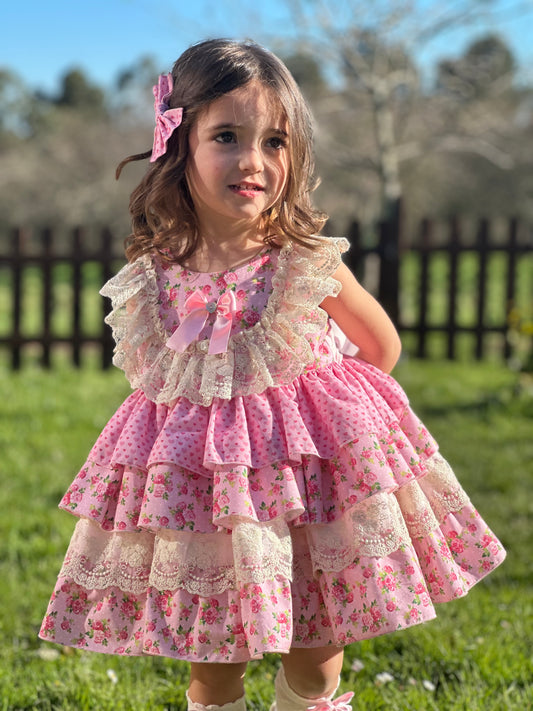 Sonata Roses & Hearts Layered Ruffle Dress & Hair Bow - (Made To Order)