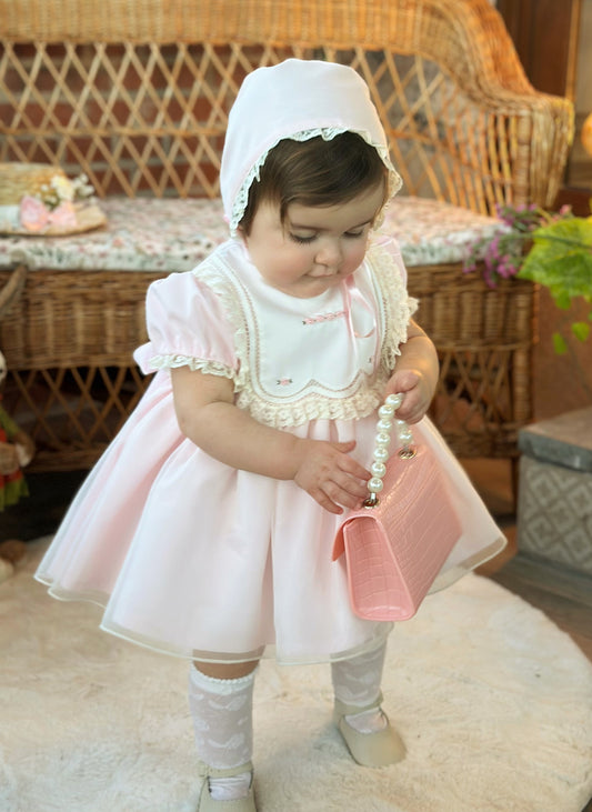 Girls Sonata Handmade Pink Embroidered Puffball Dress - (Made To Order)